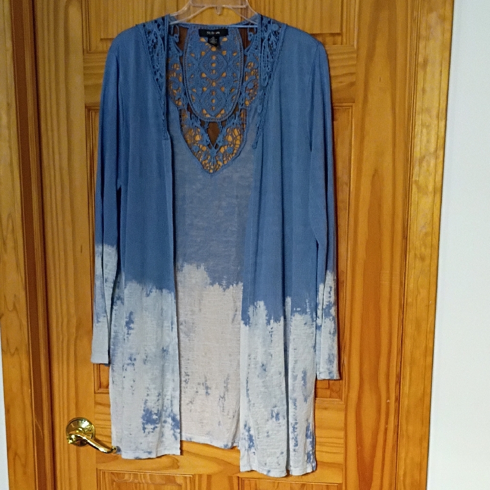 Blue and White Lace Long Cardigan
